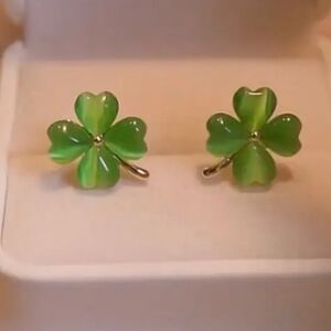 Shamrock Synthetic Green Opal and Gold Stud Earrings